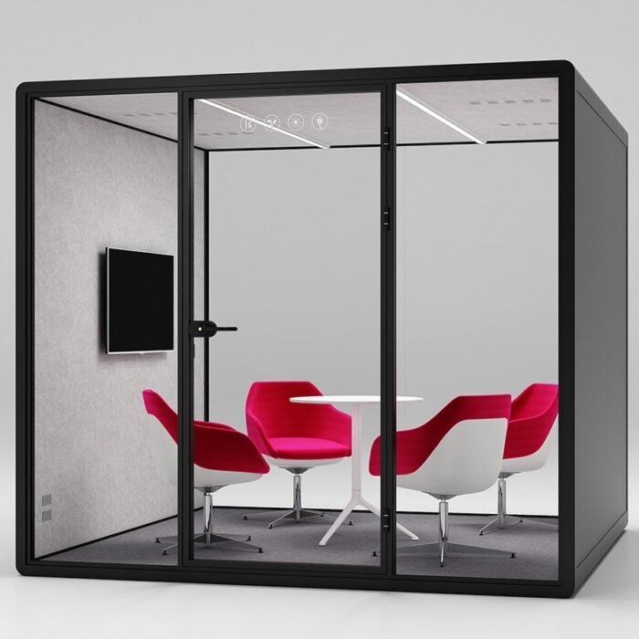 Black box and red charin soundproof office pods